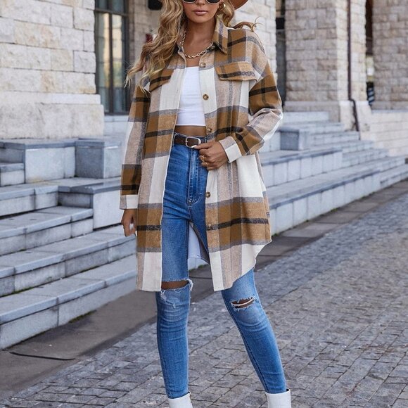 Casual Plaid Print Shacket Khaki - Picture 2 of 5